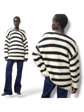 ZARA Black & White Vee Neck Pullover Sweater with Wool & Alpaca US Sz M